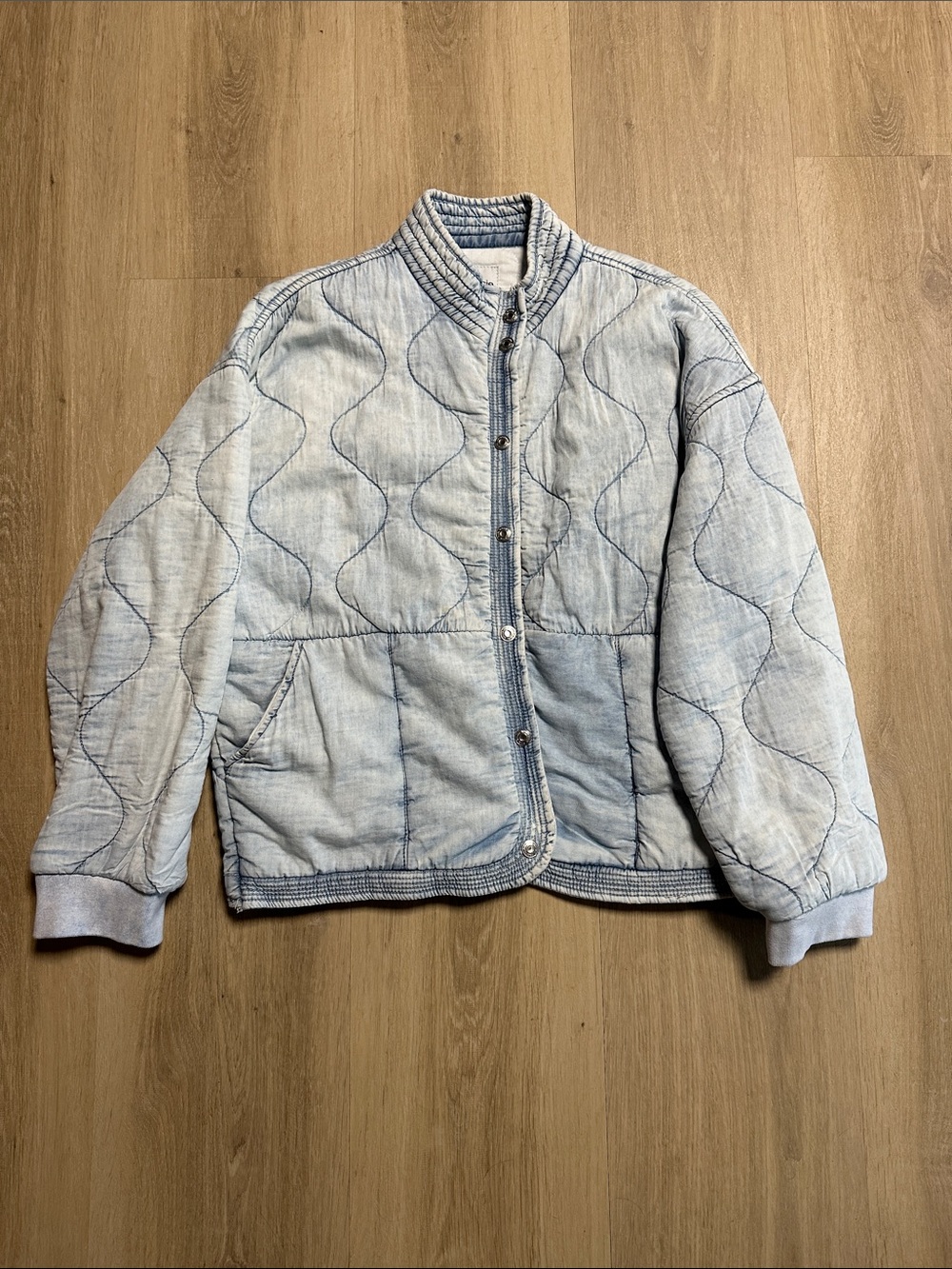 Kensie Pale Blue Quilted Wave-Stitch Puffer Jacket